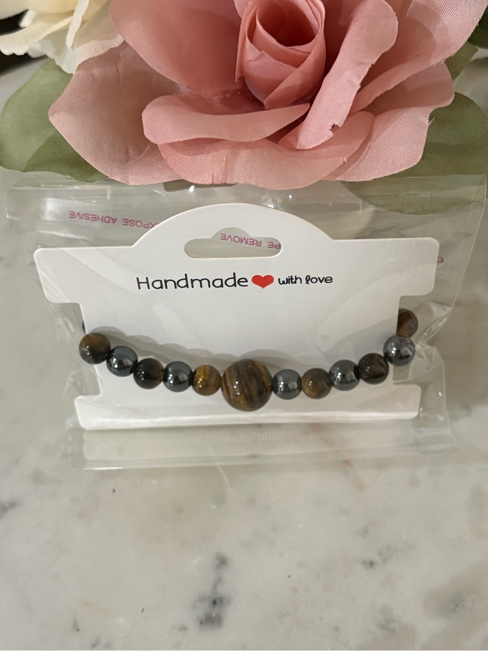 Handmade Hematite, Tiger Eye, Obsidian black and Gray Beaded Bracelet with Love